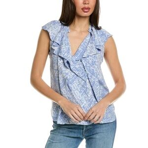Joie Raquel Blue White 100% Silk Ruffle Blouse Size Medium NWT